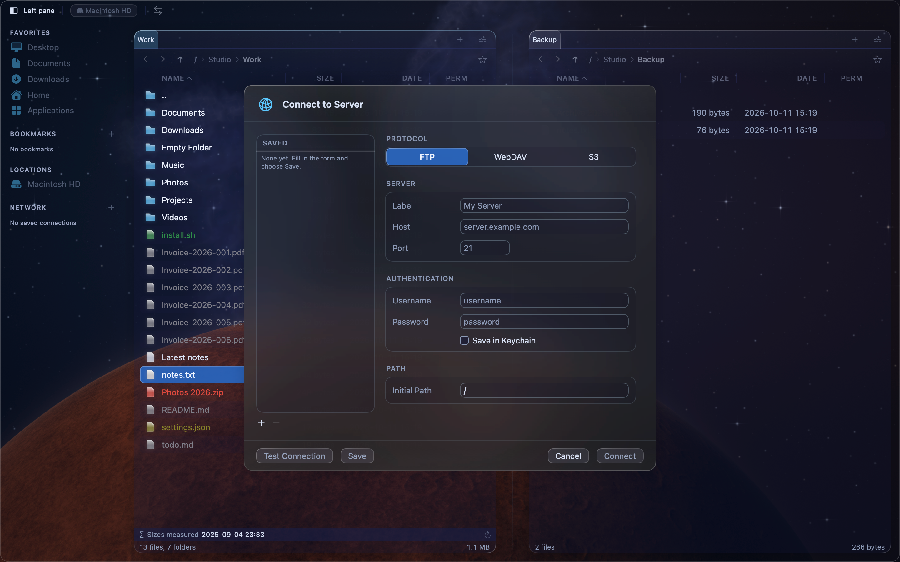 MeiFiles FTP server, port and authentication settings.
