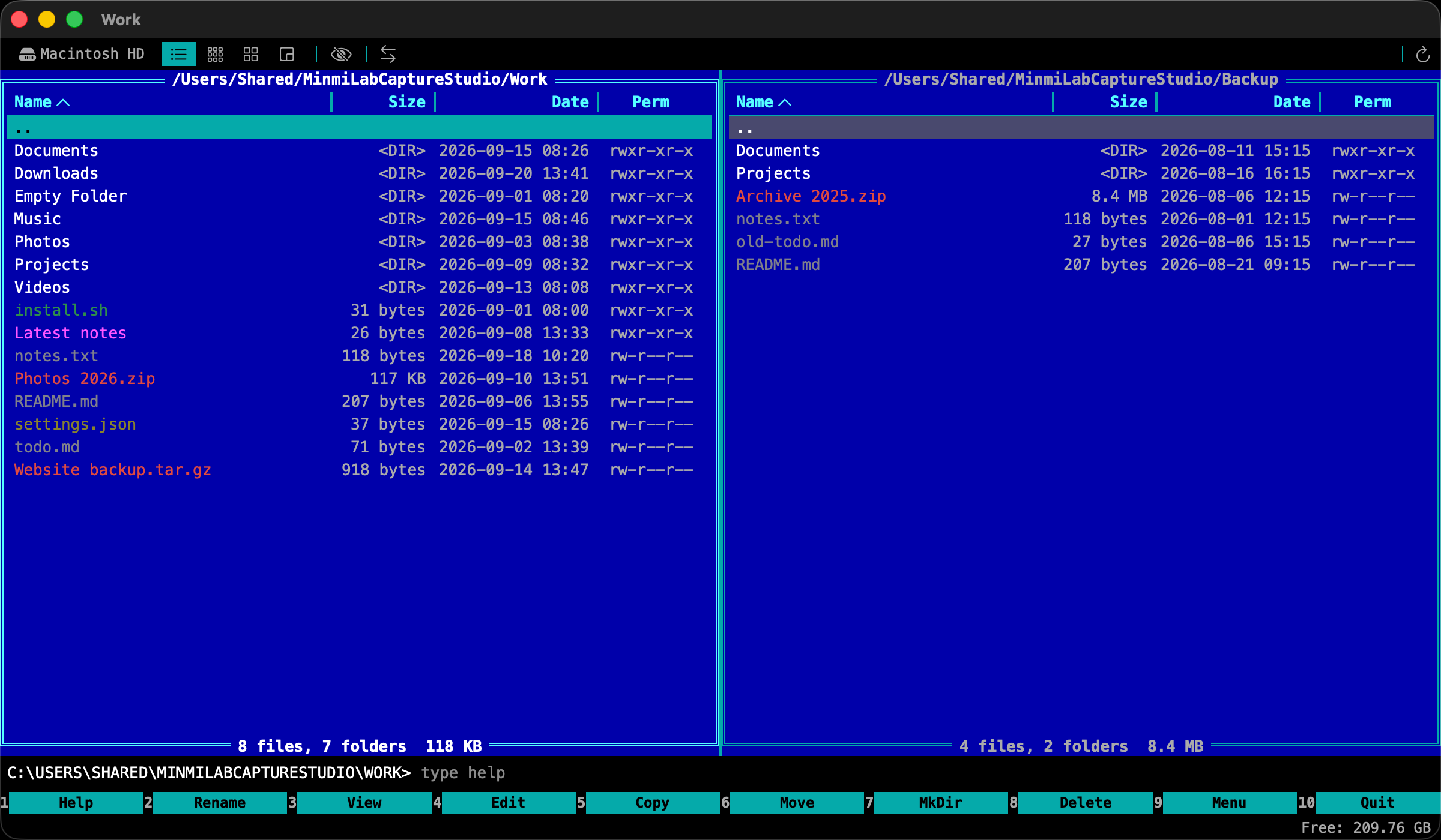 MeiFiles 90s Classic blue two-panel workspace.